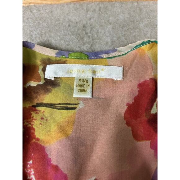 Jenny Han Colorful Watercolor Floral Blouse Sz XS 100% Silk Oversized Semi-Sheer - Picture 5 of 11